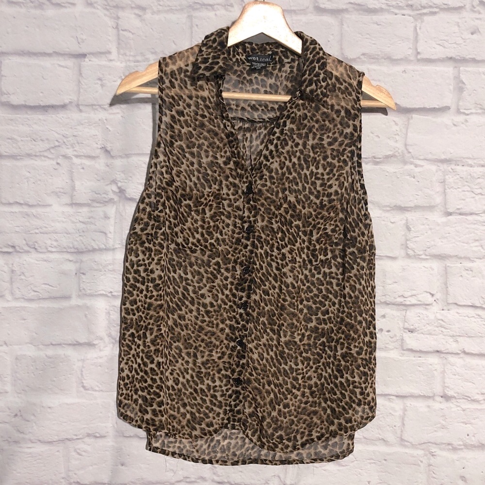 Wet Seal Brown Leopard Animal Print sleeveless sheer Blouse size Large NWOT